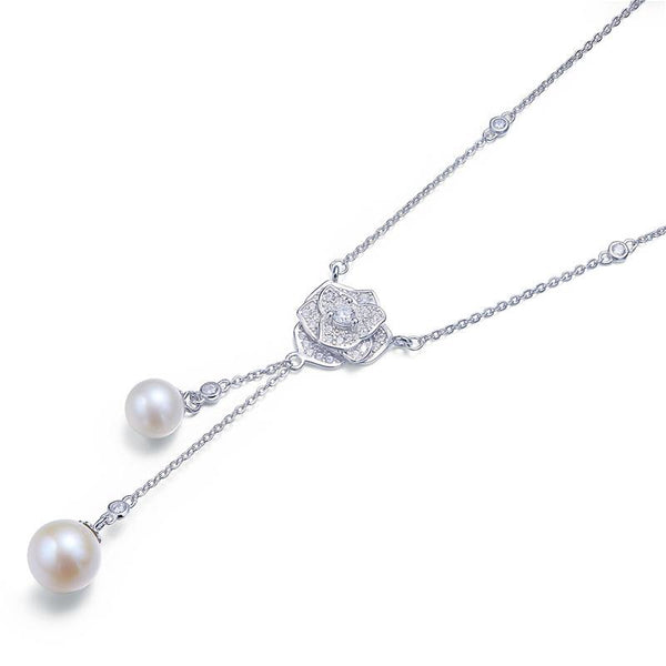 Pearl & Diamond Pendant, Heart Simulated Diamond Necklace, 925 Sterling Silver