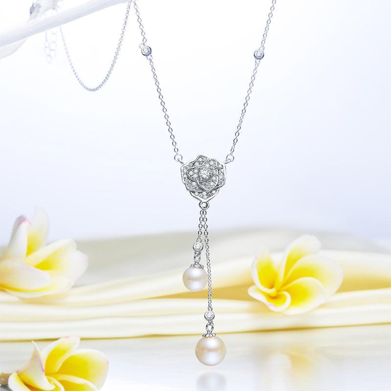 Pearl & Diamond Pendant, Heart Simulated Diamond Necklace, 925 Sterling Silver