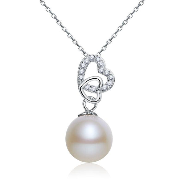 Pearl & Diamond Pendant, Simulated Diamond Heart Necklace, 925 Sterling Silver