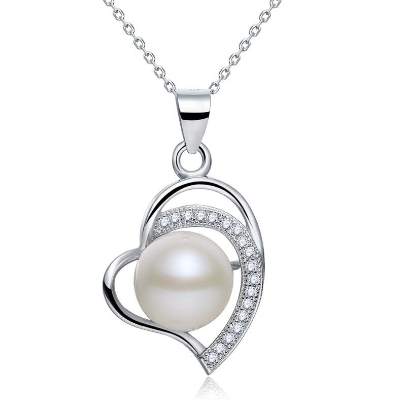 Pearl & Diamond Pendant, Simulated Diamond Heart Necklace, 925 Sterling Silver
