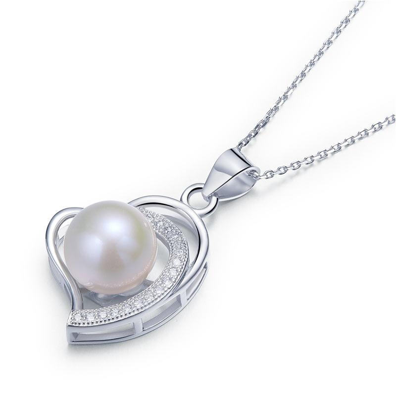 Pearl & Diamond Pendant, Simulated Diamond Heart Necklace, 925 Sterling Silver