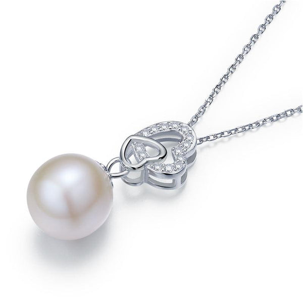 Pearl & Diamond Pendant, Simulated Diamond Heart Necklace, 925 Sterling Silver