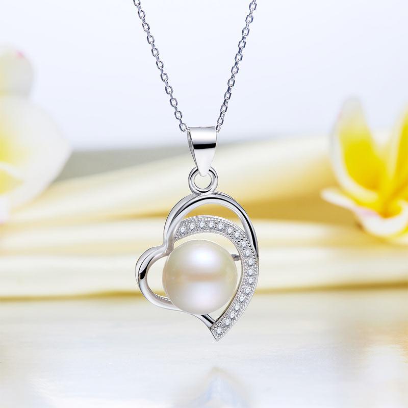 Pearl Diamond Pendant Simulated Diamond Heart Necklace 925 Sterling Silver
