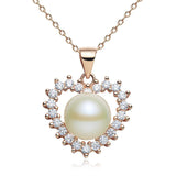 Pearl & Diamond Pendant, Simulated Diamond Heart Necklace, 925 Sterling Silver Rose Gold 
