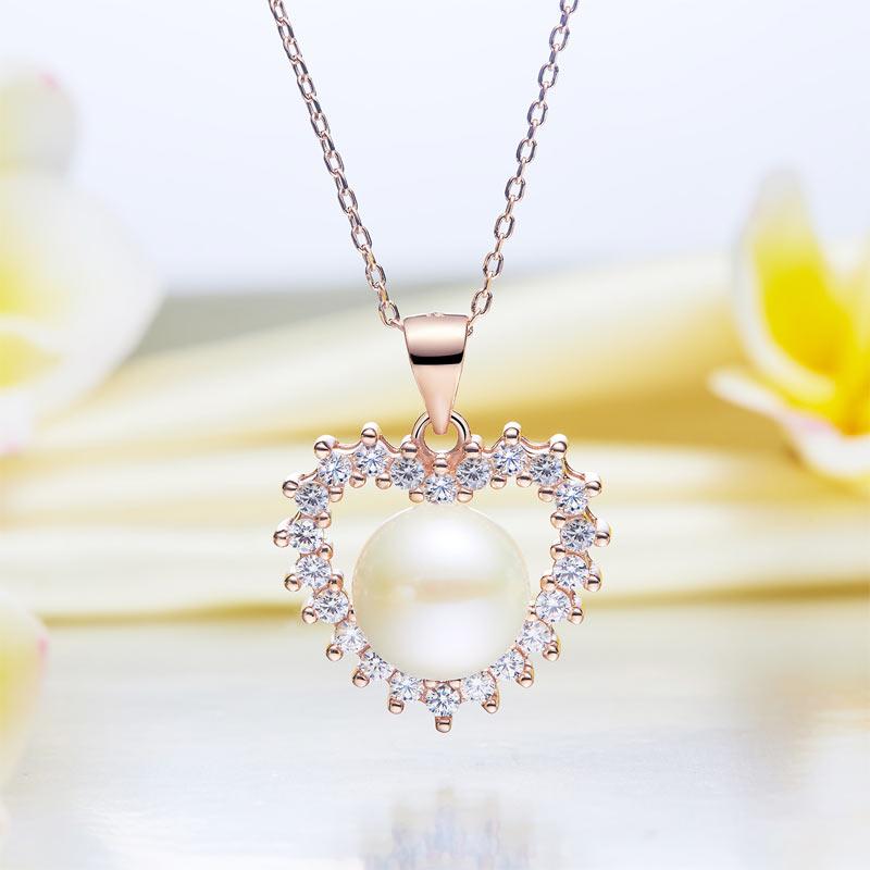 Pearl & Diamond Pendant, Simulated Diamond Heart Necklace, 925 Sterling Silver Rose Gold