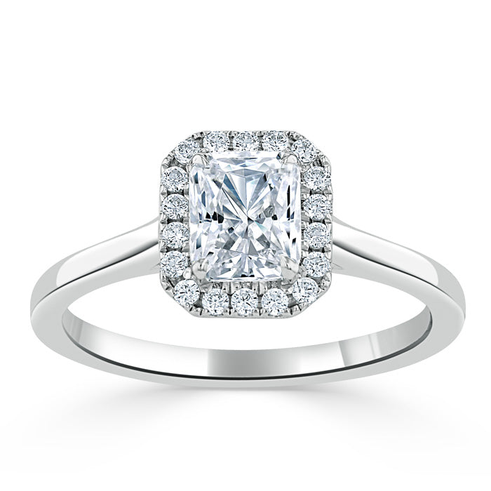 0.75ct Radiant Cut Moissanite Halo Engagement Ring, Available in White Gold or Platinum