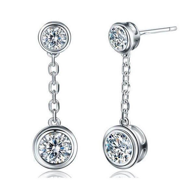 Rub-Over Round Diamond Drop Earrings, 925 Sterling Silver