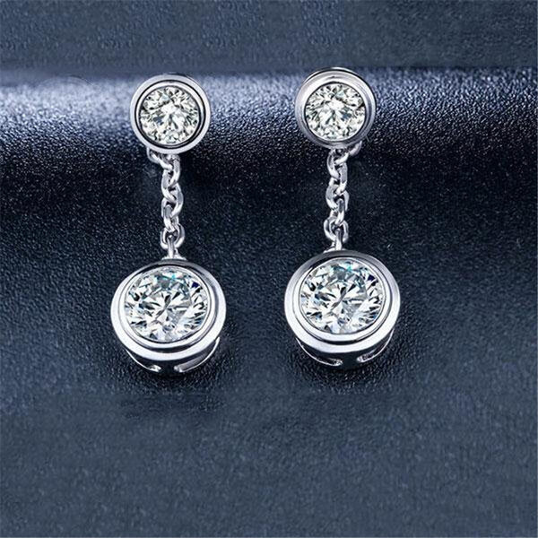 Rub-Over Round Diamond Drop Earrings, 925 Sterling Silver