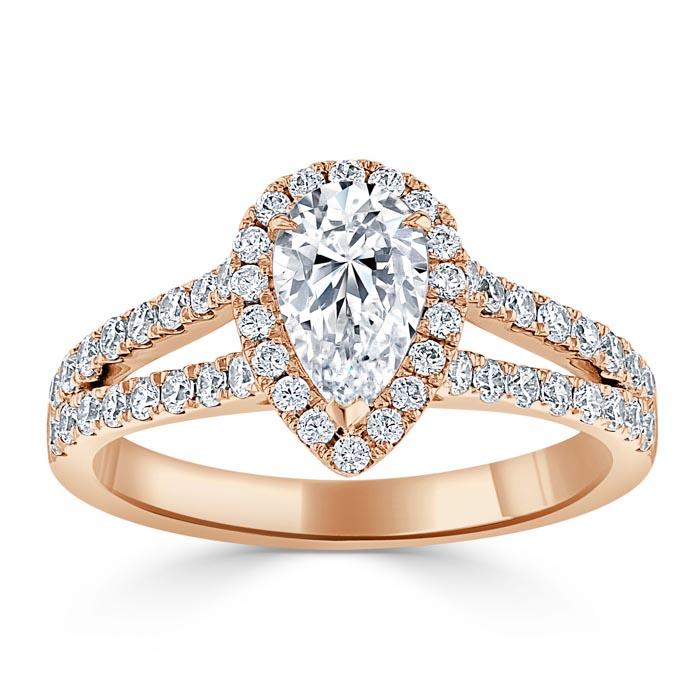 1.60ct Pear Cut Moissanite Engagement Ring, Classic Halo with Split Shank, Available in White Gold, Platinum, Rose Gold or Yellow Gold