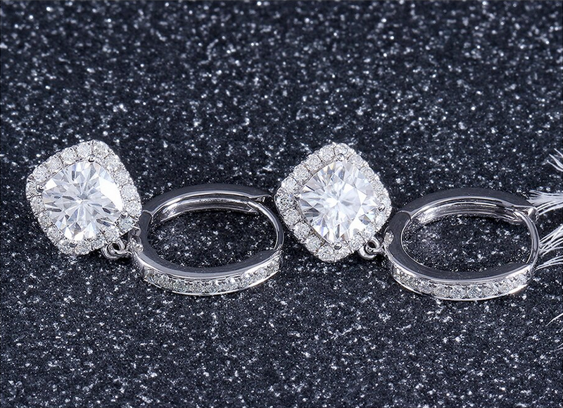 1.00ct each, Cushion Cut Moissanite Halo Drop Earrings, Art Deco Design, 14Kt 585 White Gold
