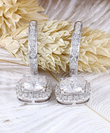 1.00ct each, Cushion Cut Moissanite Halo Drop Earrings, Art Deco Design, 14Kt 585 White Gold