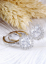 1.00ct each, Cushion Cut Moissanite Halo Drop Earrings, Art Deco Design, 14Kt 585 White Gold