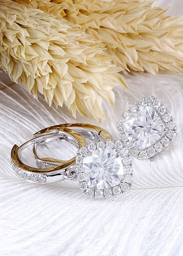 1.00ct each, Cushion Cut Moissanite Halo Drop Earrings, Art Deco Design, 14Kt 585 White Gold