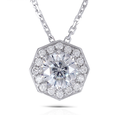 0.85ct Round Cut Moissanite, Vintage Octagon Design, Classic Elegant Drop Pendant, 14Kt 585 White Gold