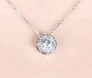 0.85ct Round Cut Moissanite, Vintage Octagon Design, Classic Elegant Drop Pendant, 14Kt 585 White Gold
