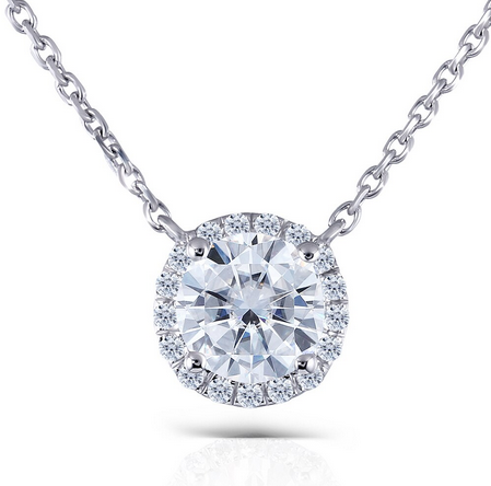 1.00ct Round Cut Moissanite Necklace, Classic Halo Pendant, 14Kt 585 White Gold