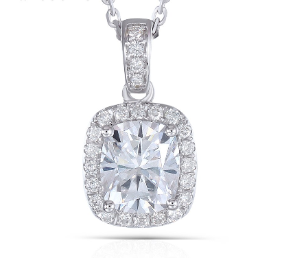 1.50ct Cushion Cut Moissanite Necklace, Classic Halo Pendant, 14Kt 585 White Gold