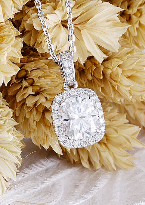1.50ct Cushion Cut Moissanite Necklace, Classic Halo Pendant, 14Kt 585 White Gold