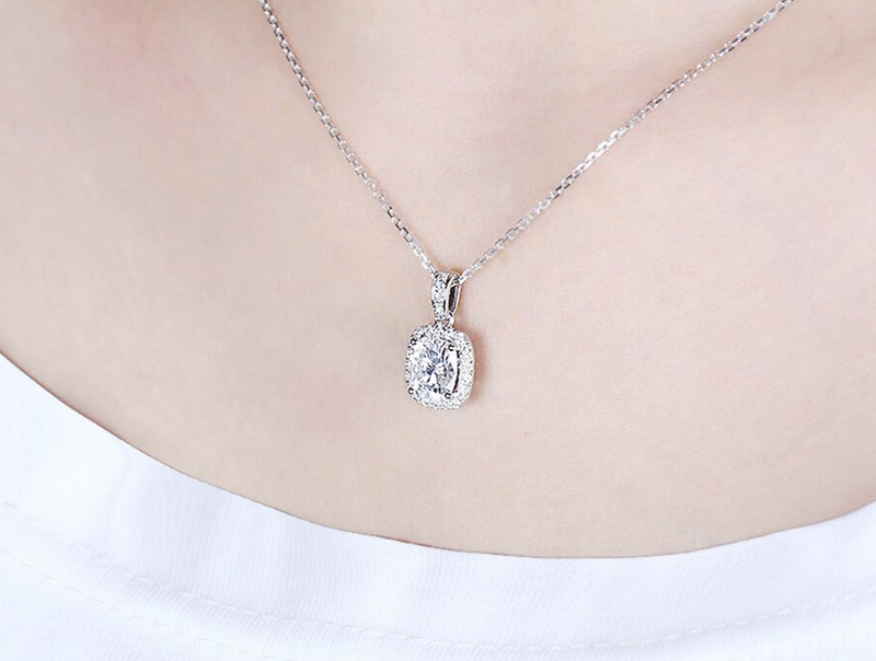 1.50ct Cushion Cut Moissanite Necklace, Classic Halo Pendant, 14Kt 585 White Gold