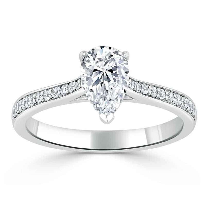 1.20ct Pear Cut Moissanite Engagement Ring, Classic Style, Available in White Gold, Platinum, Rose Gold or Yellow Gold