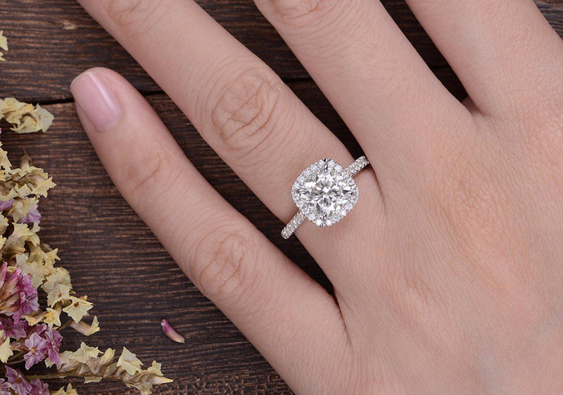 Cushion Cut Moissanite Engagement Ring, Classic Halo Design, Choose Your Stone Size & Metal