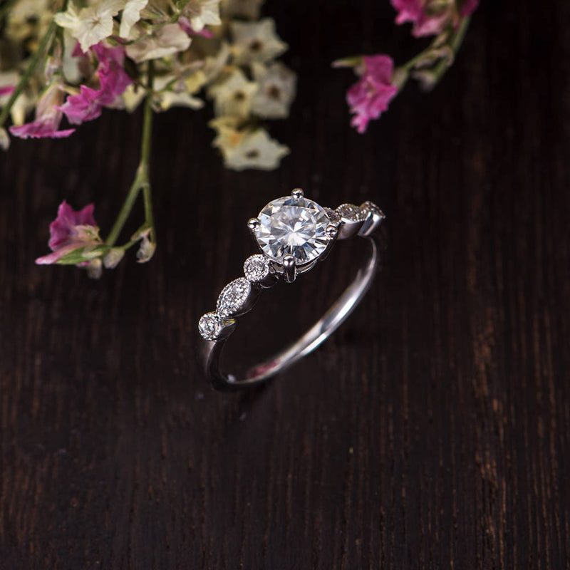 Round Cut Moissanite Engagement Ring, Vintage Design, Choose Your Stone Size & Metal