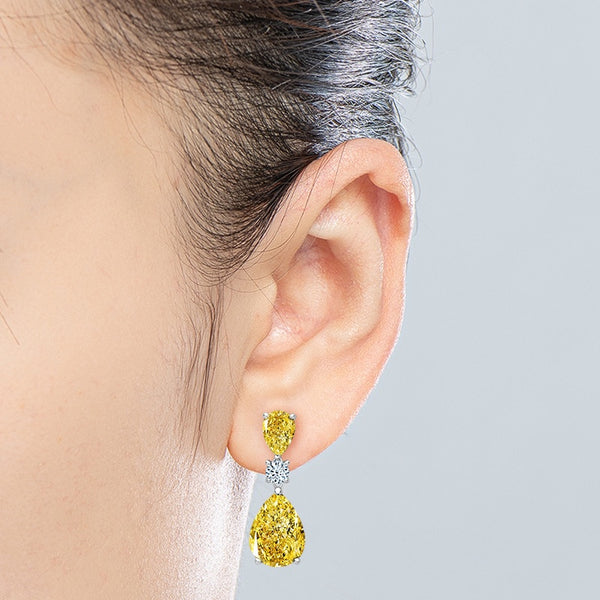 5.00ct Pear Cut Yellow Diamond Drop Earrings, 925 Sterling Silver