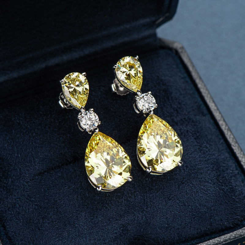 5.00ct Pear Cut Yellow Diamond Drop Earrings, 925 Sterling Silver