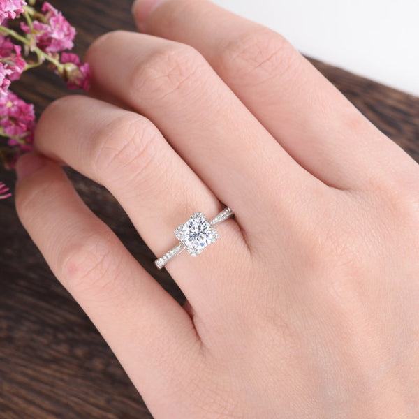 Round Cut Moissanite Engagement Ring, Art Deco Design, Choose Your Stone Size & Metal