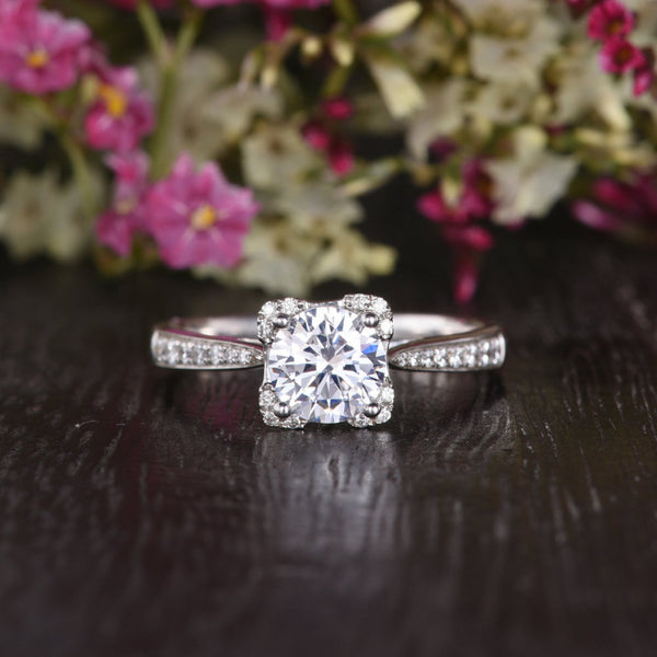 Round Cut Moissanite Engagement Ring, Art Deco Design, Choose Your Stone Size & Metal