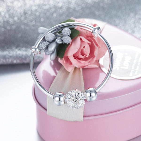Solid Pure Sterling Silver Baby Bangle, Flower Ball Design