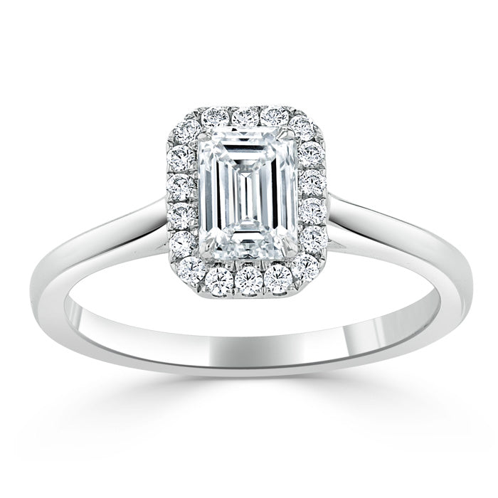 0.75ct Emerald Cut Moissanite Halo Engagement Ring, Available in White Gold or Platinum