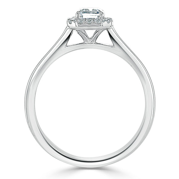 0.75ct Emerald Cut Moissanite Halo Engagement Ring, Available in White Gold or Platinum