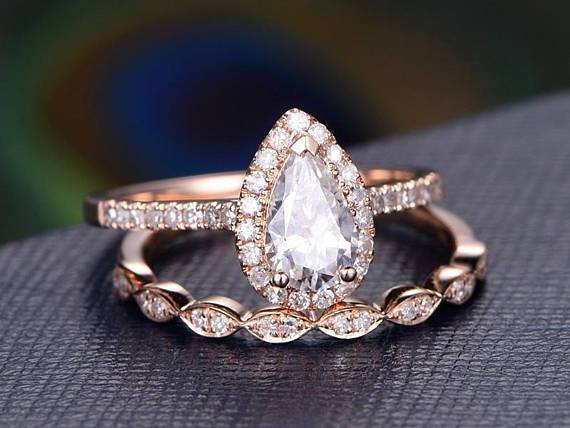 2.00ct Moissanite Ring Set, Pear Cut Halo, Colour F, Clarity VVS, Available in a Choice of Metals, Centre Stone 1.25ct