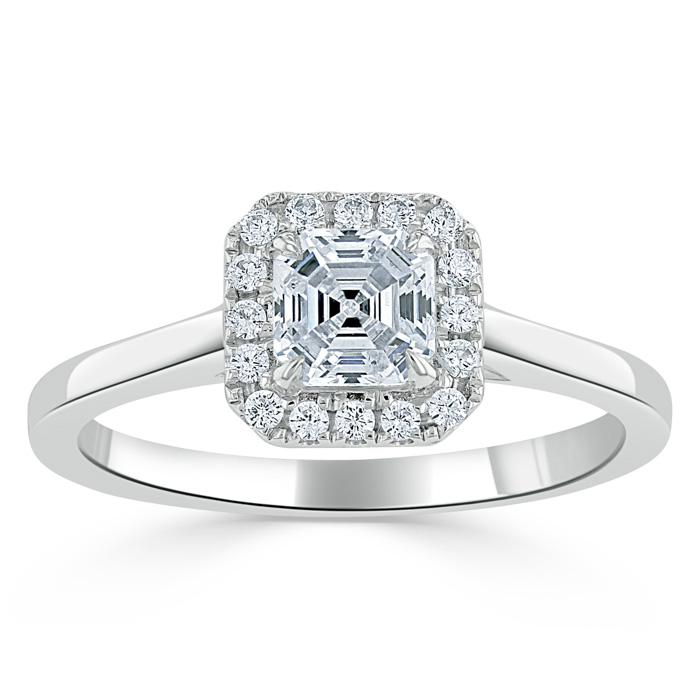 0.75ct Asscher Cut Moissanite Halo Engagement Ring, Available in White Gold or Platinum