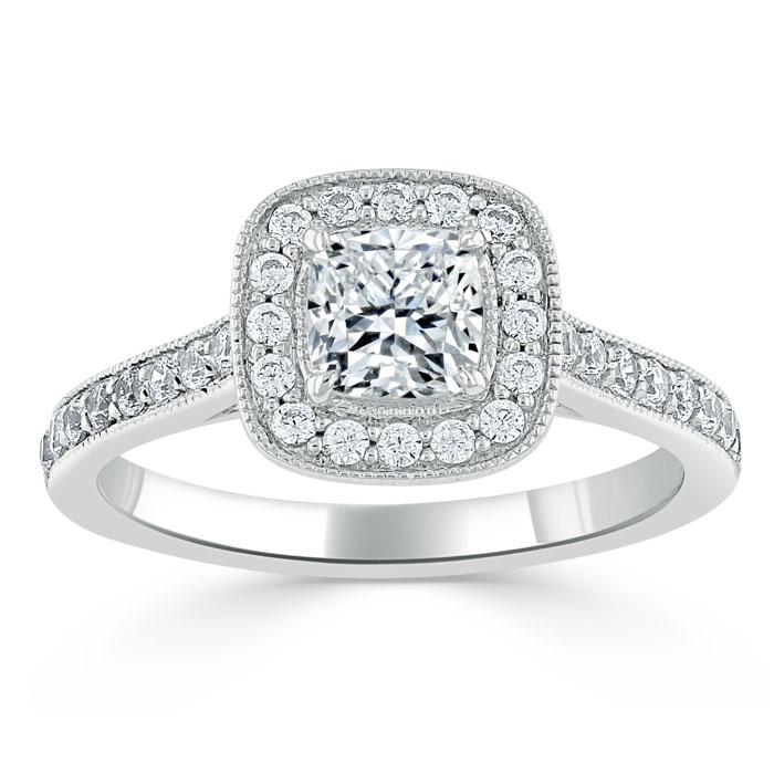 Lab-Diamond Cushion Cut Halo Engagement Ring, Tiffany Style, Choose Your Stone Size and Metal