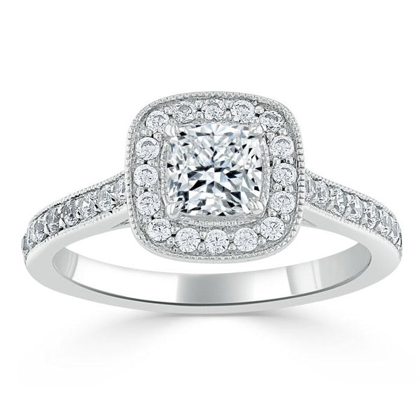 1.40ct  Cushion Cut Moissanite Halo Engagement Ring, Tiffany Style,  Available in White Gold, Platinum, Rose Gold or Yellow Gold