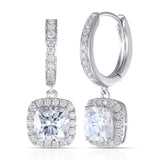1.00ct each, Cushion Cut Moissanite Halo Drop Earrings, Art Deco Design, 14Kt 585 White Gold