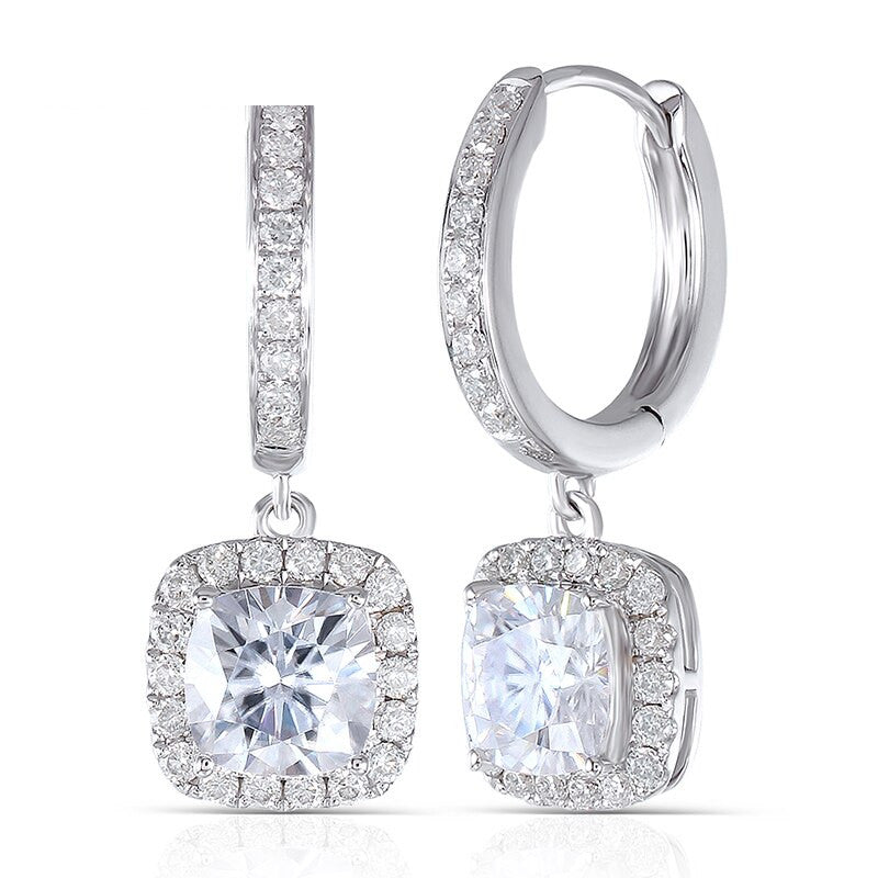 1.00ct each, Cushion Cut Moissanite Halo Drop Earrings, Art Deco Design, 14Kt 585 White Gold