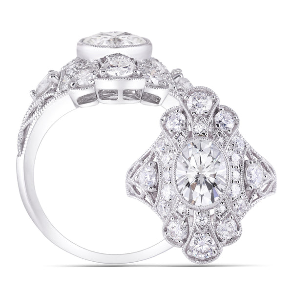 2.00ct Oval Cut Moissanite Centre, Art Deco Inspired Ring, Available in White Gold or Platinum
