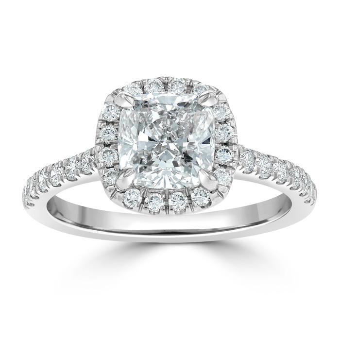 1.50ct Cushion Cut Moissanite Halo Engagement Ring, Available in White Gold or Platinum