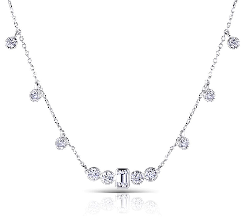 4.50ct Emerald & Round Cut Moissanite Necklace, Elegant Rubover Setting, 10Kt White Gold