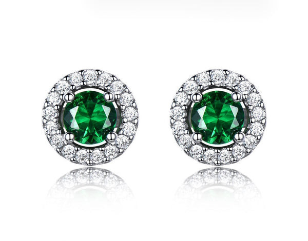 Round Cut Lab Emerald Halo Earrings