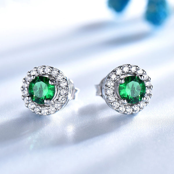 Round Cut Lab Emerald Halo Earrings