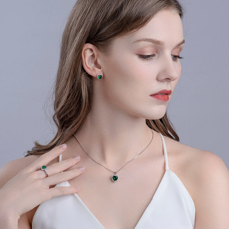 1.25ct each, Classic Heart Cut Emerald & Diamond Halo Stud Earrings, 925 Sterling Silver