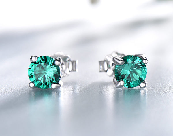 Round Cut Lab Emerald Stud Earrings