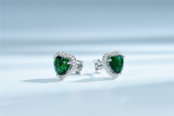 1.25ct each, Classic Heart Cut Emerald & Diamond Halo Stud Earrings, 925 Sterling Silver