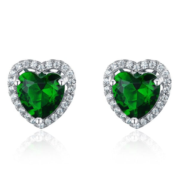 1.25ct each, Classic Heart Cut Emerald & Diamond Halo Stud Earrings, 925 Sterling Silver