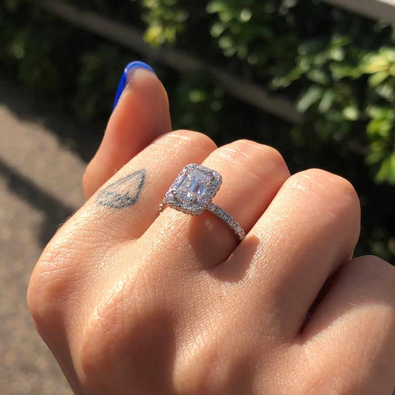 Emerald Cut Moissanite Halo Engagement Ring, Choose Your Stone Size and Metal