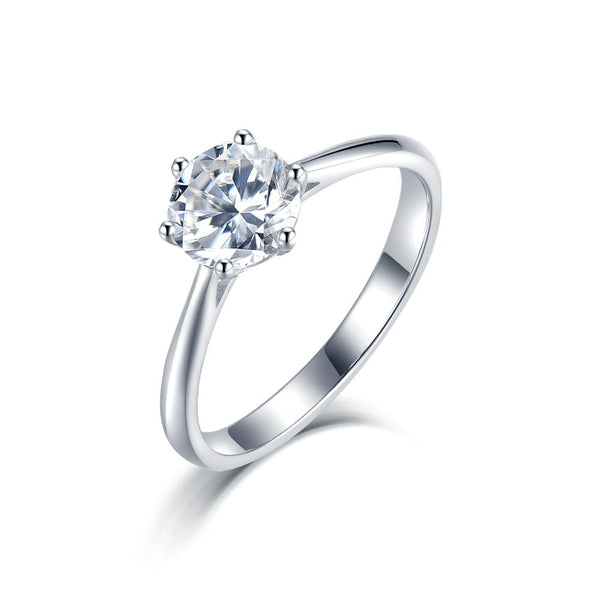 1.00ct Moissanite Engagement Ring, Classic Six Claw with Plain Band, Sterling Silver & Platinum